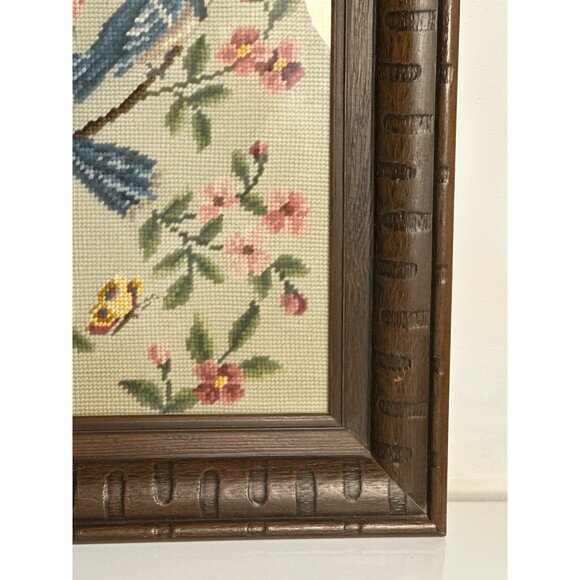 VTG Blue Jay Petit Point Needlepoint Framed Bird Art 17x20 Wall Decor Floral - Picture 3 of 6